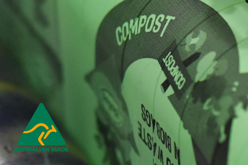 BioBag green compostable bag with compost text and a Australian Made logo