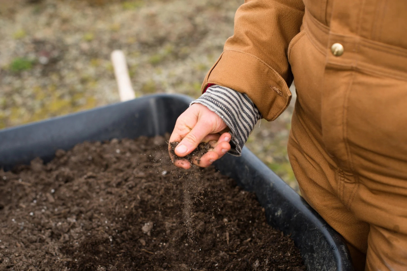 Photo of a person standing next to a wheelbarrow full of soil, showing the compost created when using compostable products. 