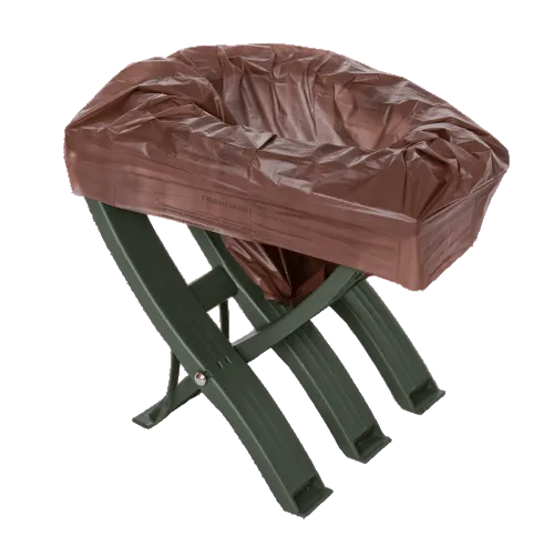 Photo of the BioBag boitoi product in use - a brown compostable bag on a plastic stool used as a toilet with camping or hiking