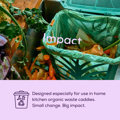 Green compostable BioBag with kitchen waste and text about its use in home kitchen organic waste caddies.