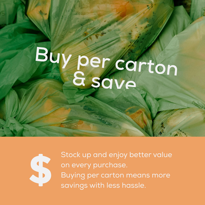 Green compostable bags with text promoting buying per carton and saving on an orange background.