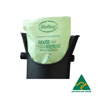Biodegradable bag for a coffee knock with recycling instructions and an Australian Made logo on a white background