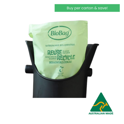Biodegradable coffee knock bin liner with 'BioBag' branding and recycling instructions, and text saying buy per carton and save