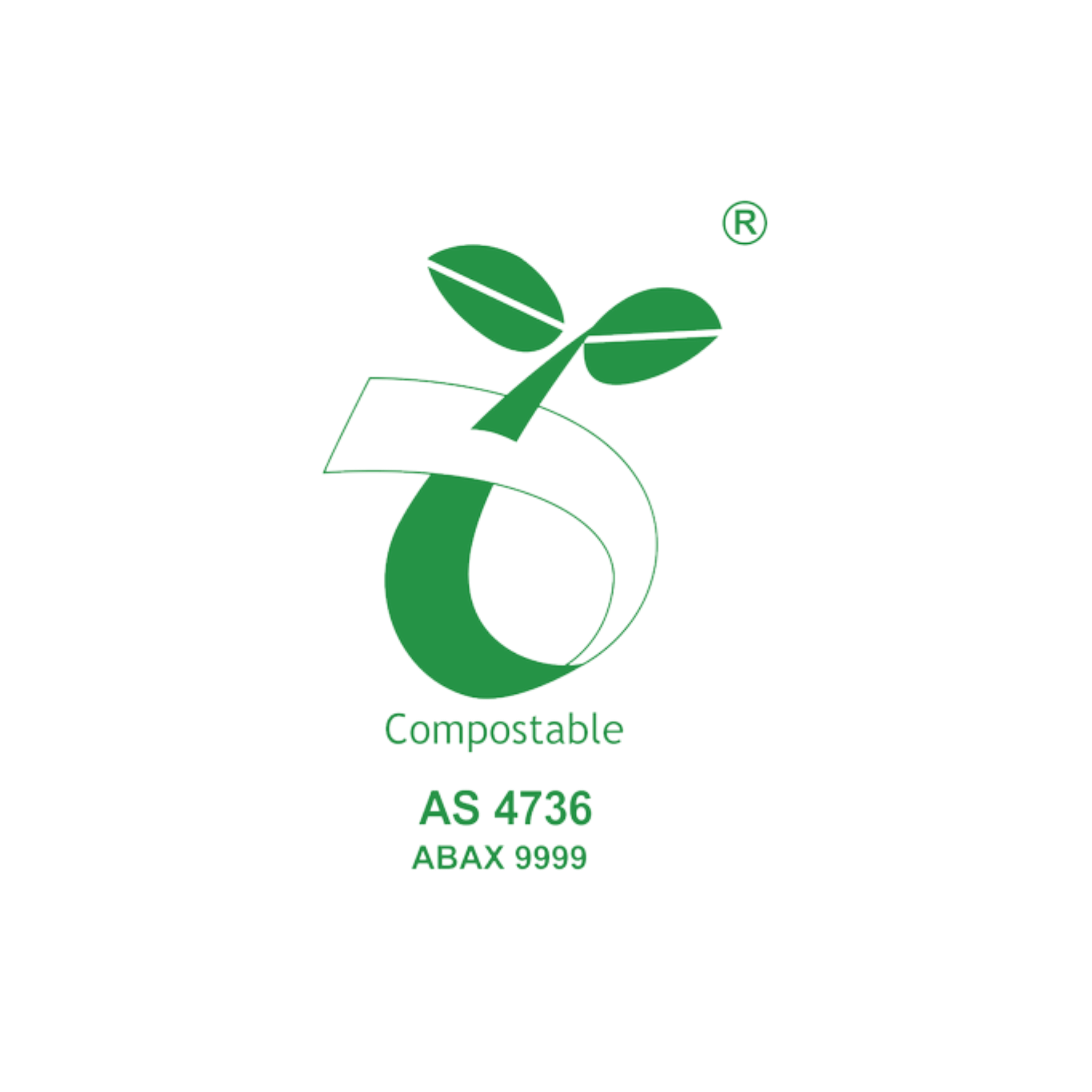Green compostable logo with leaves on a white background AS 4736 ABAX9999