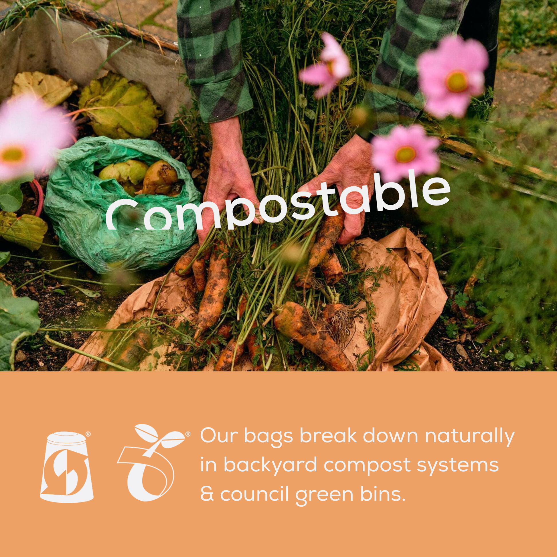 Person composting with visible compostable bags and text about BioBags being compostable at home of by council on an orange background. 