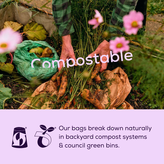 Person composting with visible compostable bags and text about BioBags being compostable at home of by council on a purple background. 