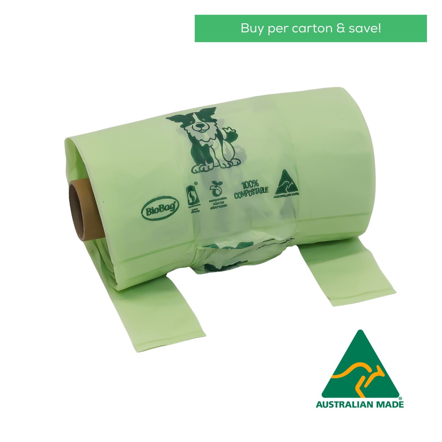 Roll of compostable dog poo bags on a white background with text saying buy per carton and save