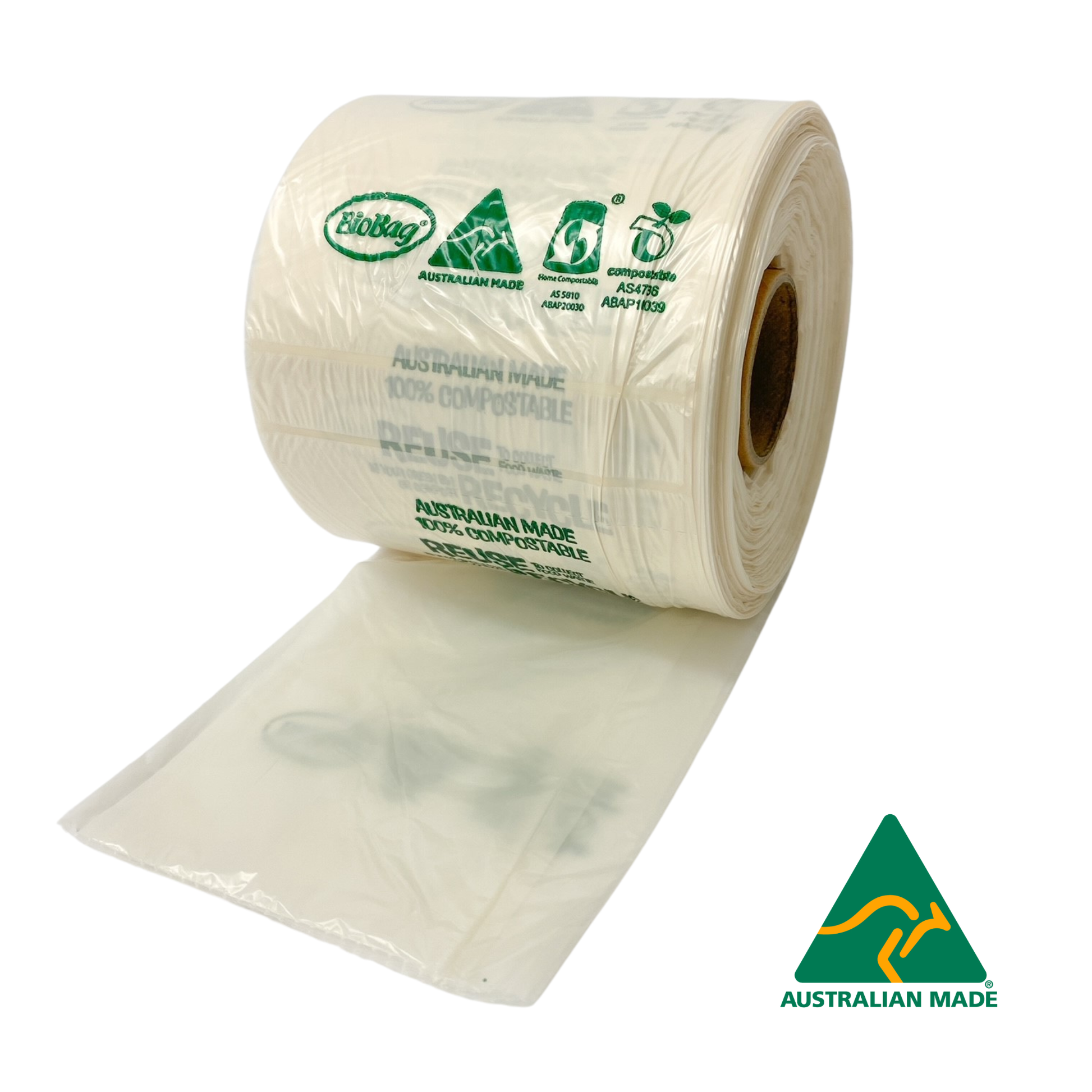 Roll of 250x compostable produce bags with 'Australian Made' logo on a white background