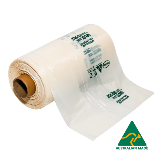 Roll of 500x compostable produce bags with 'Australian Made' logo on a white background