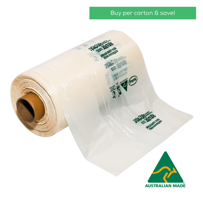 Roll of 500 compostable produce bags with green labels indicating compostability and Australian origin on a white background, with text saying buy per carton and save