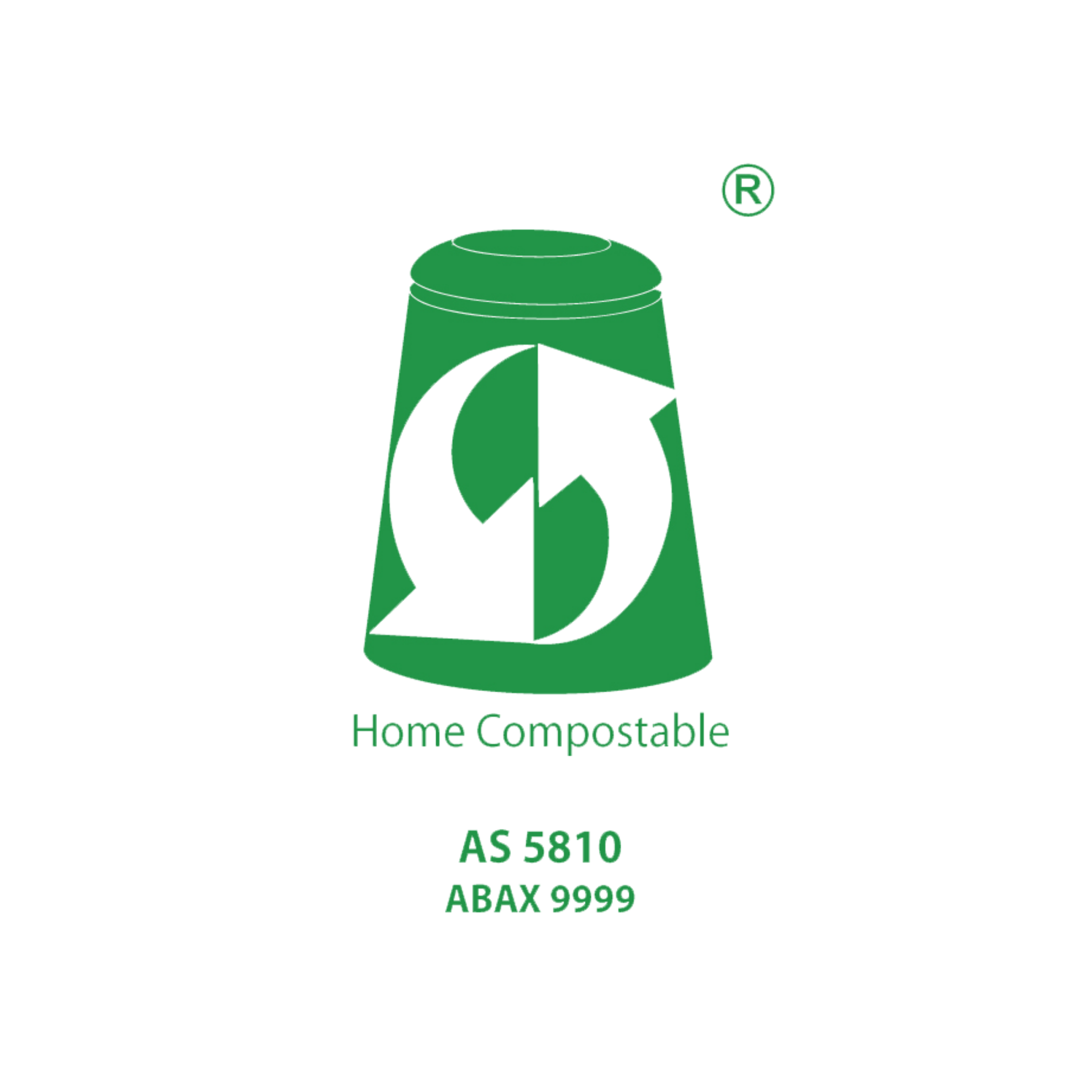 Green compostable container icon with recycling symbol on a white background certification home compostable AS 5810 ABAX 9999