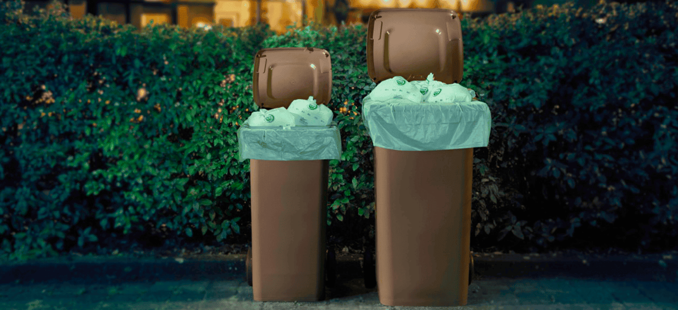 Two brown wheelie bins with green compostable liners on the road in front of a hedge
