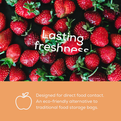 Image of strawberries with text overlaying talking about freshness and compostable bags designed for food contact.