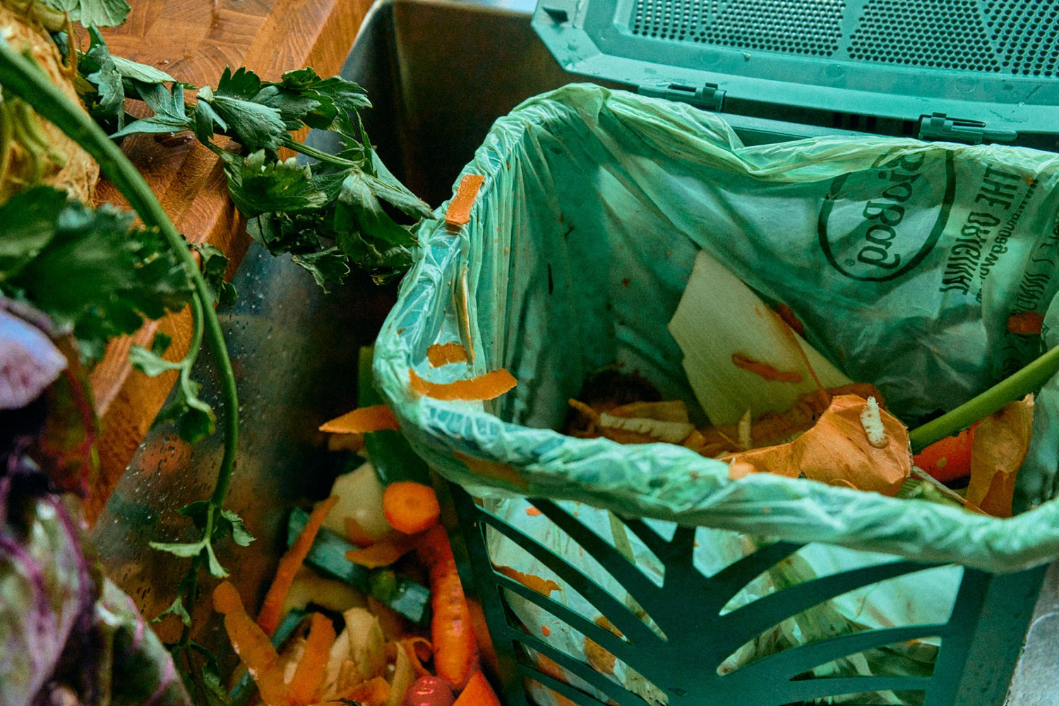 Compost caddy bin with food waste including vegetables and a BioBag green compostable liner 