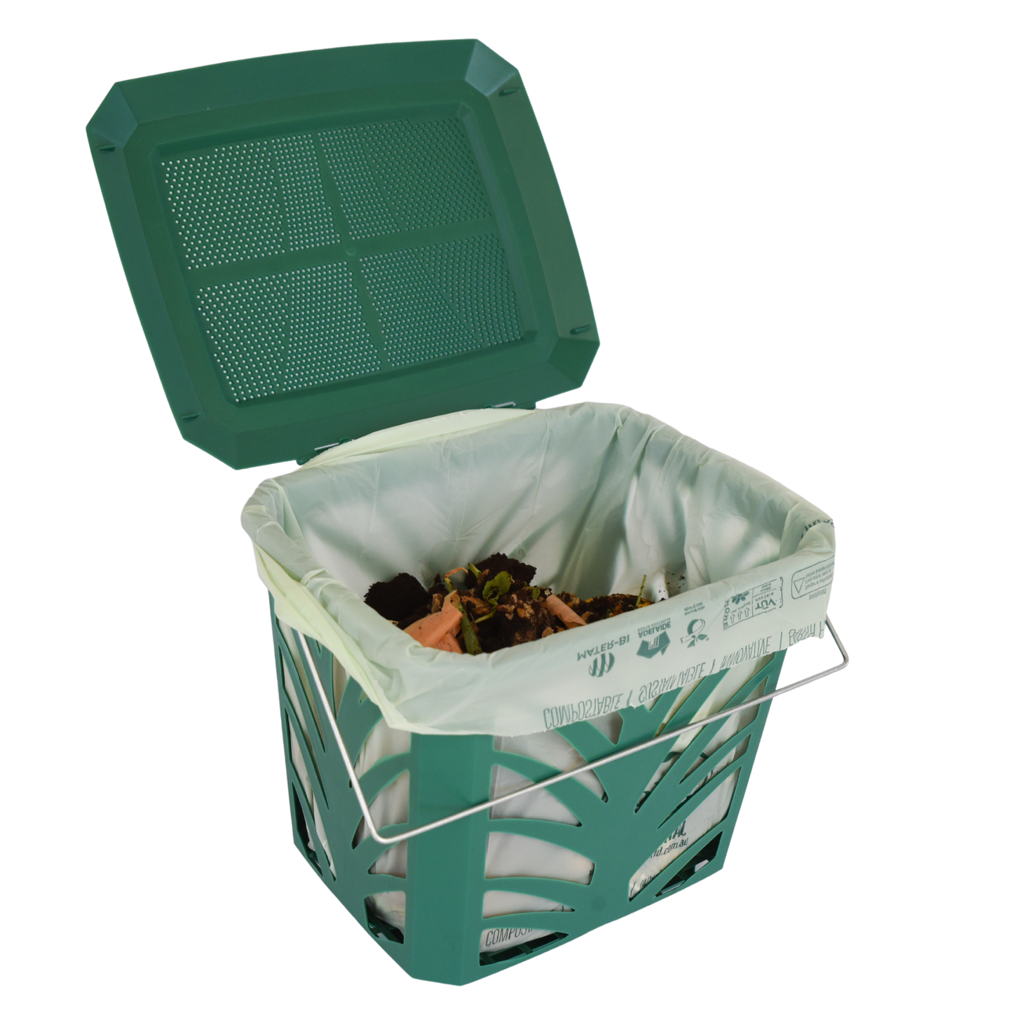 Green caddy compost bin with a lid open and compostable bag inside on a white background
