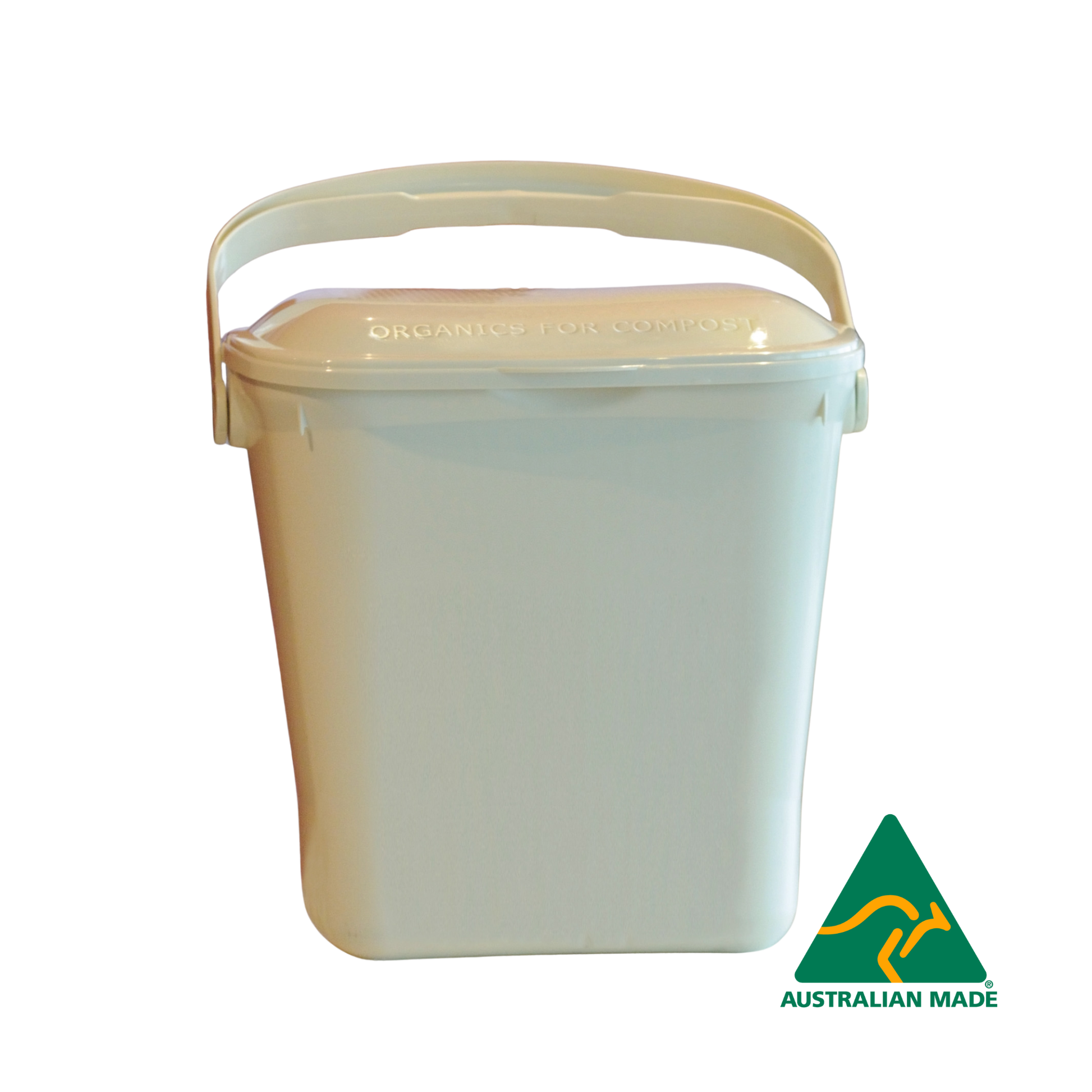 Photo of an Australian made non-ventilated caddy compost bin from the front, for use with compostable bin liners and organic waste