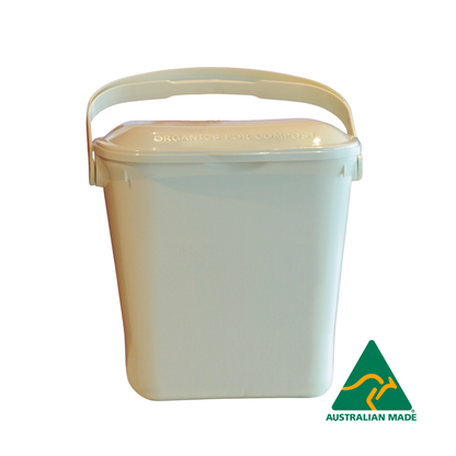 Photo of an Australian made non-ventilated caddy compost bin from the front, for use with compostable bin liners and organic waste