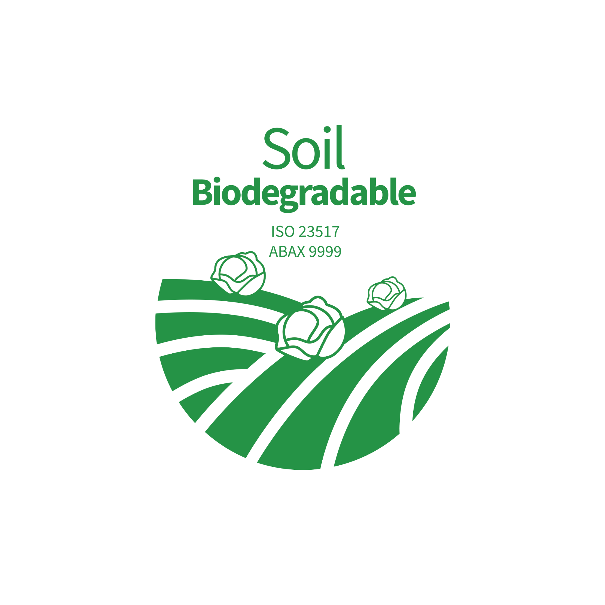 Logo indicating soil biodegradable with a green field and rocks on a white background ISO 23517 ABAX 9999