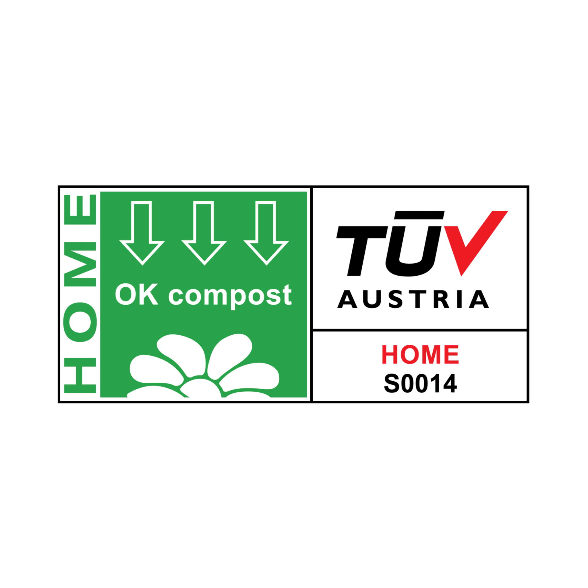 Two logos side by side on a white background: one indicating home compostability and the other TUV Austria certification.