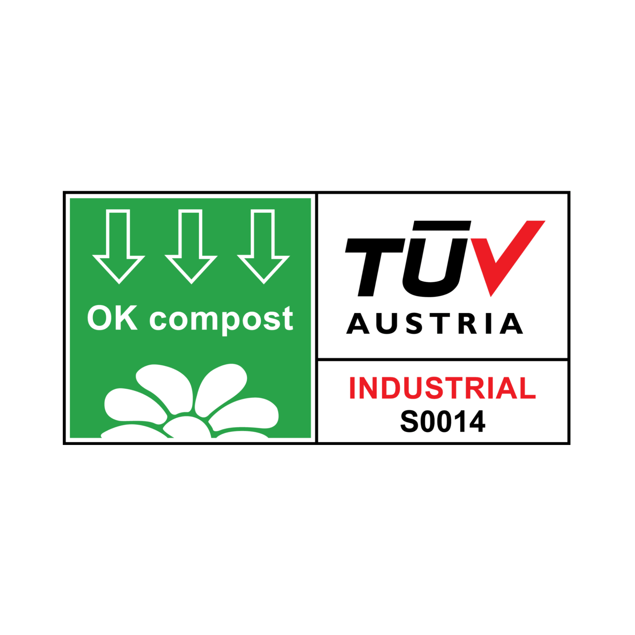 Certification logos for OK compost and TUV Austria industrial on a white background