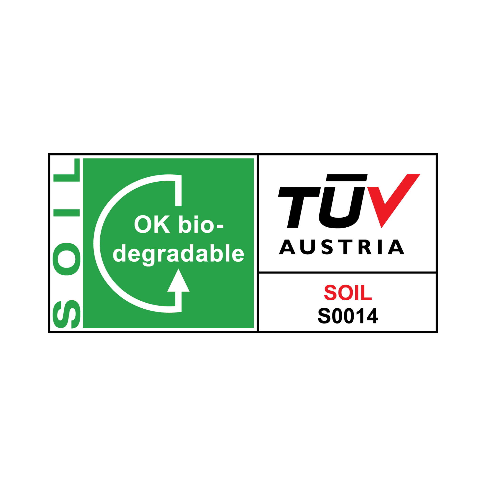 Two certification logos on a white background: 'OK bio-degradable' and 'TÜlv Austria' for soil.