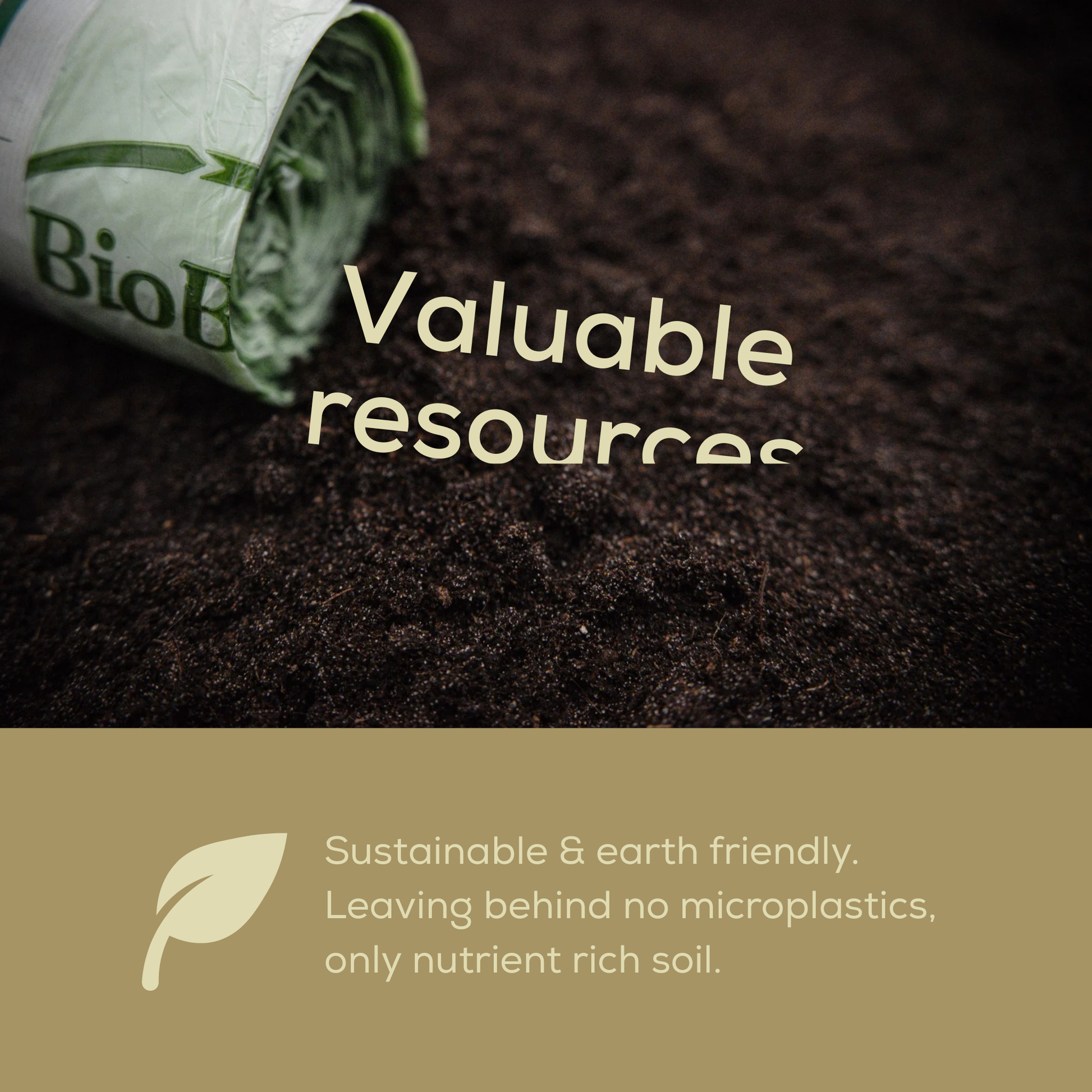 Roll of compostable bags laying on soil with text about sustainability and eco-friendliness on a brown background