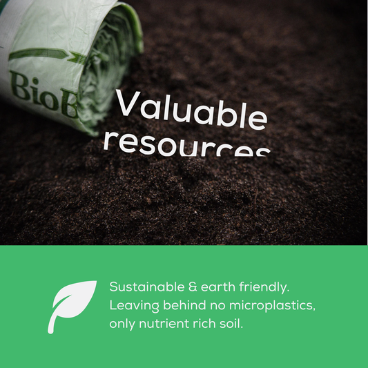 Roll of compostable bags laying on soil with text about sustainability and eco-friendliness on a green background