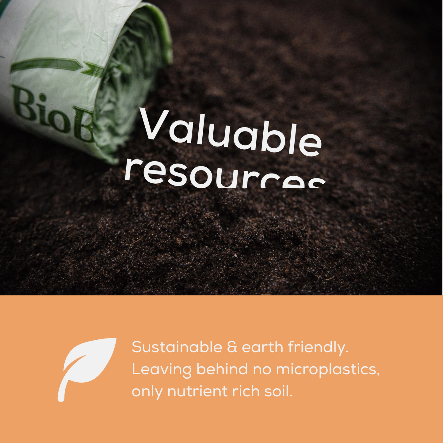 Roll of compostable bags laying on soil with text about sustainability and eco-friendliness on an orange background