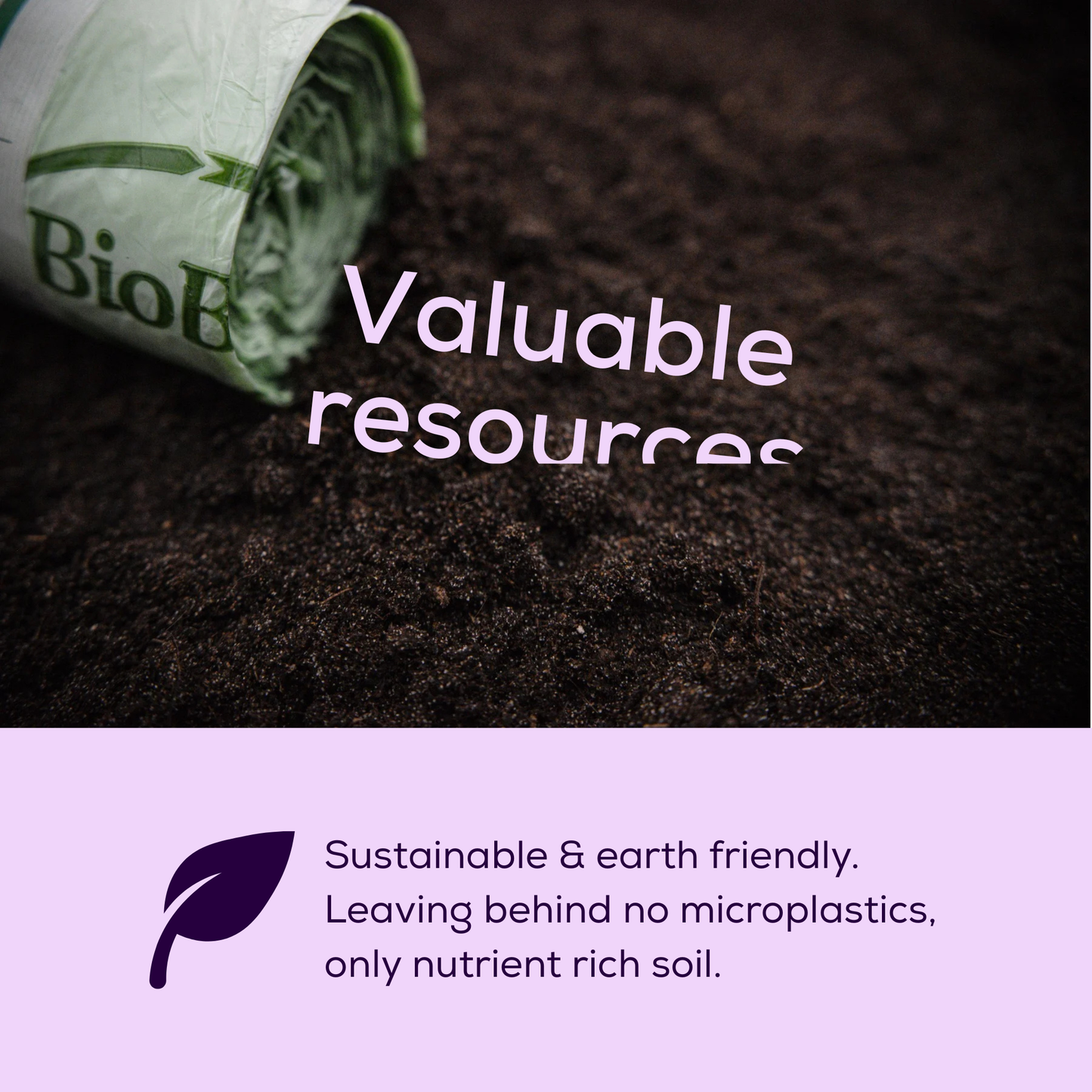 Roll of compostable bags laying on soil with text about sustainability and eco-friendliness on a purple background