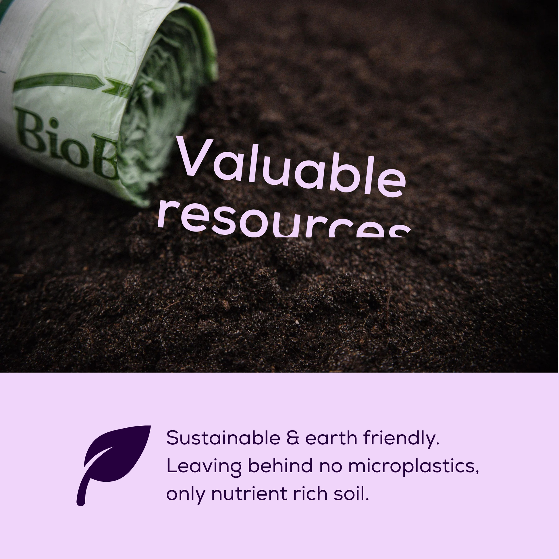 Roll of compostable bags laying on soil with text about sustainability and eco-friendliness on a purple background