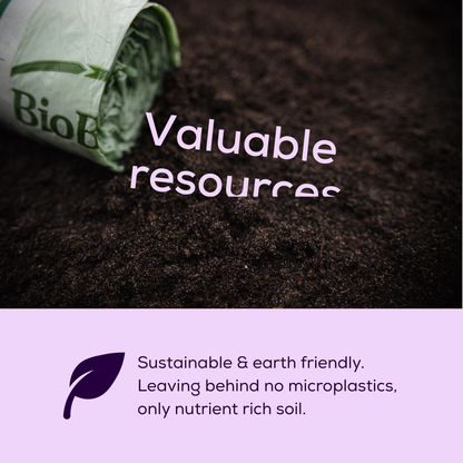 Roll of compostable bags laying on soil with text about sustainability and eco-friendliness on a purple background