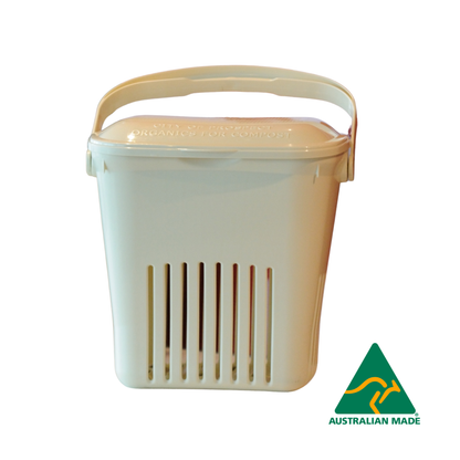 Photo of an Australian made ventilated caddy compost bin, for use with compostable bin liners and organic waste