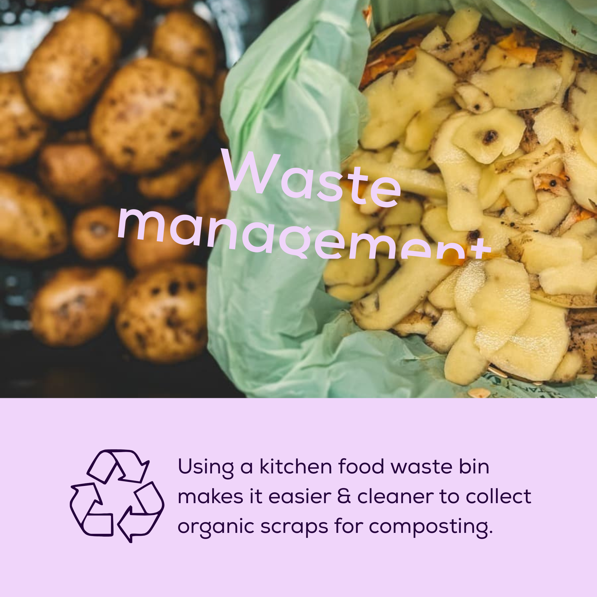Kitchen food waste bin with organic scraps and text about making waste management and composting easier and cleaner.