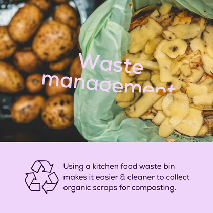 Kitchen food waste bin with organic scraps and text about making waste management and composting easier and cleaner.