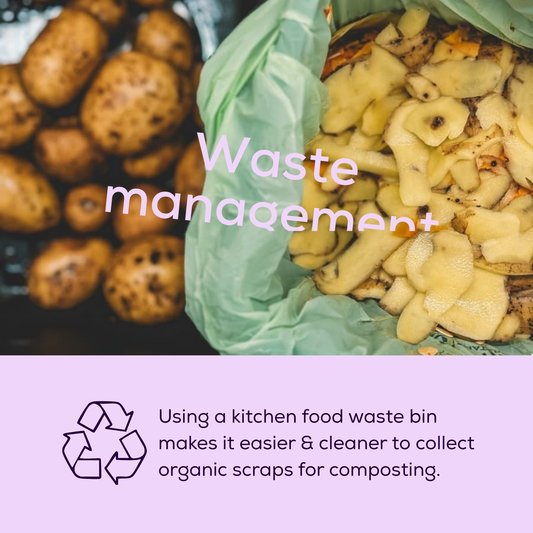 Kitchen food waste bin with organic scraps and text about making waste management and composting easier and cleaner.